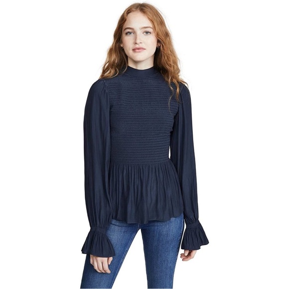 NWT Ramy Brook Justine Navy Smocked Top Blouse - Picture 2 of 4